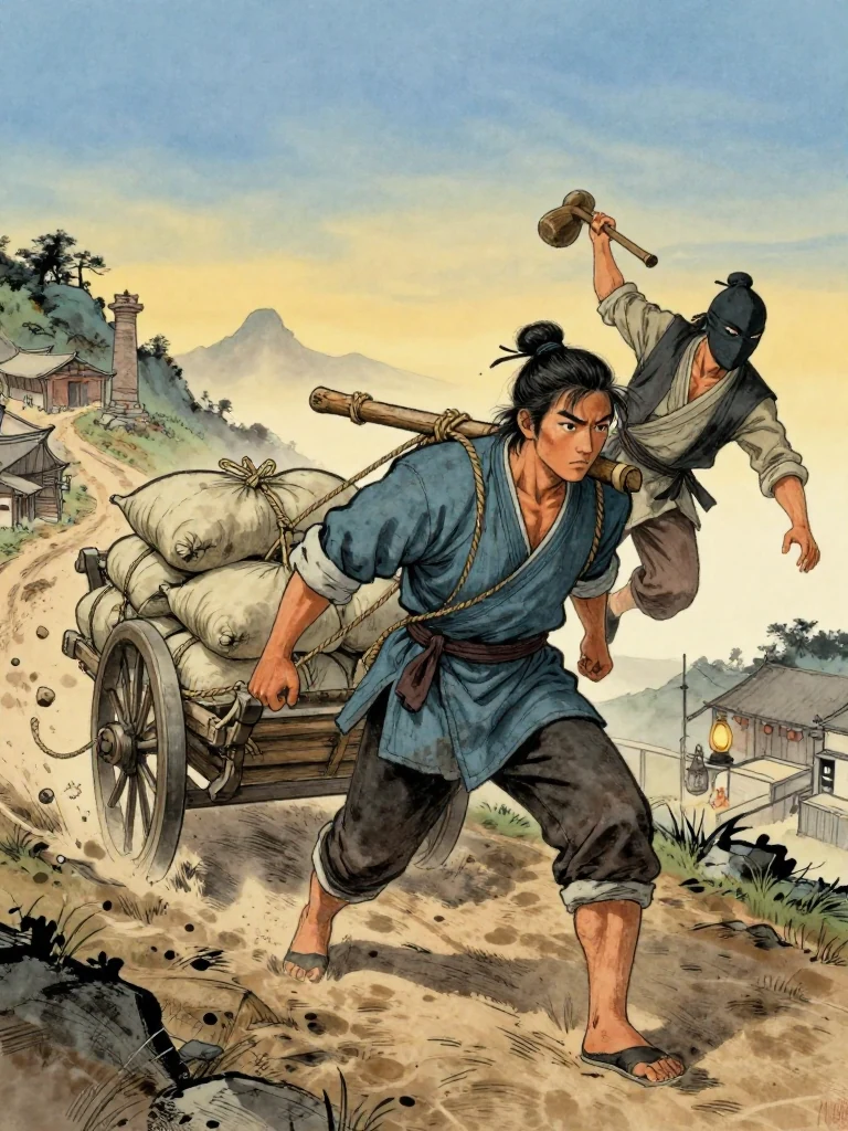 동트기 전 고개에서 스물네 가마의 끌개를 멘 운담이 발을 땅에 박은 채 복면 잔당의 가슴을 어깨로 밀어 길섶으로 튕겨 낸다.