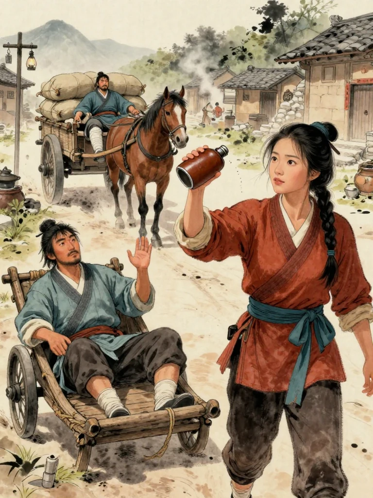 철평진 염방 마당에서 유마향이 지친 운담에게 물통을 던지고, 뒤의 절름 말 수레에는 열여섯 가마와 오른쪽 다리를 동인 하일평이 실려 있다.