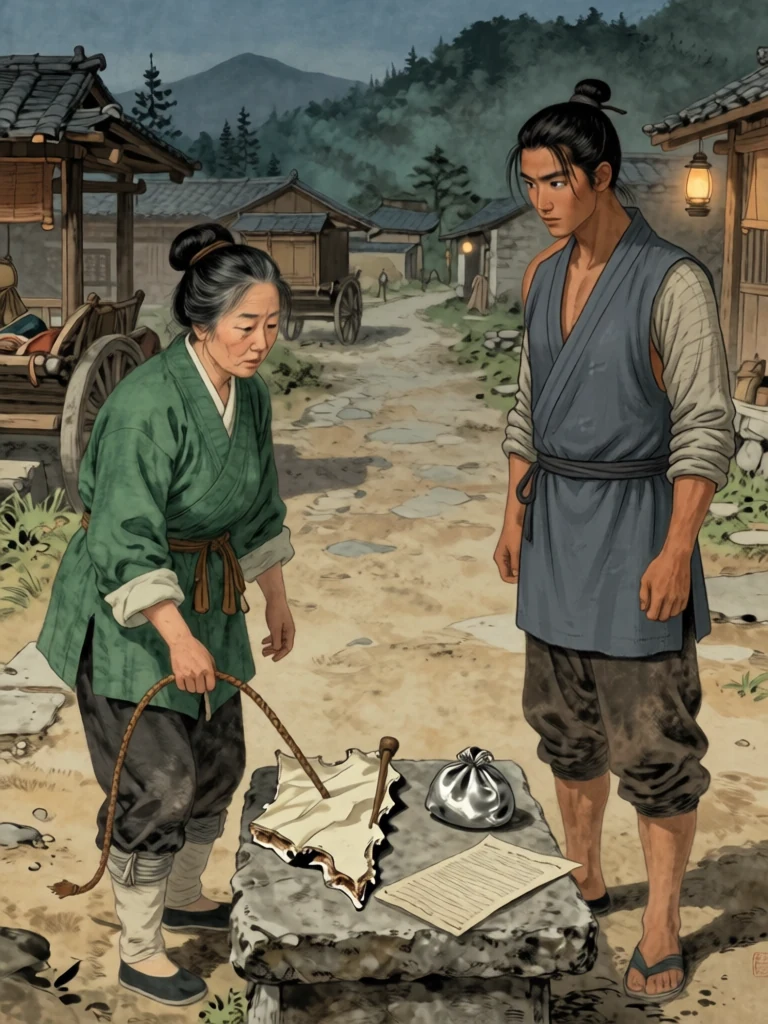 저녁의 거안 마당에서 운담이 돌저울 위에 은자와 표서와 꺾인 깃대를 내려놓고, 여관영은 손을 대지 않은 채 보고를 듣는다.