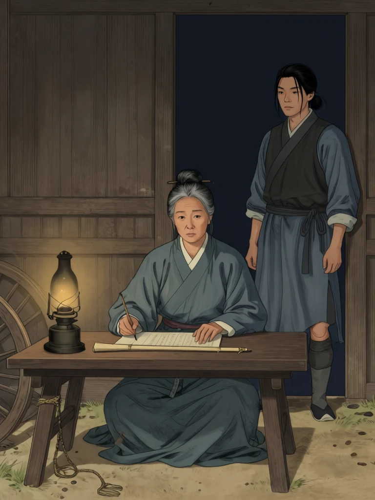 밤의 장부방에서 여관영이 등잔 옆 장부 위에 붓을 멈추고, 검은 머리를 낮게 묶은 운담이 어두운 문간에서 말없이 지켜본다.