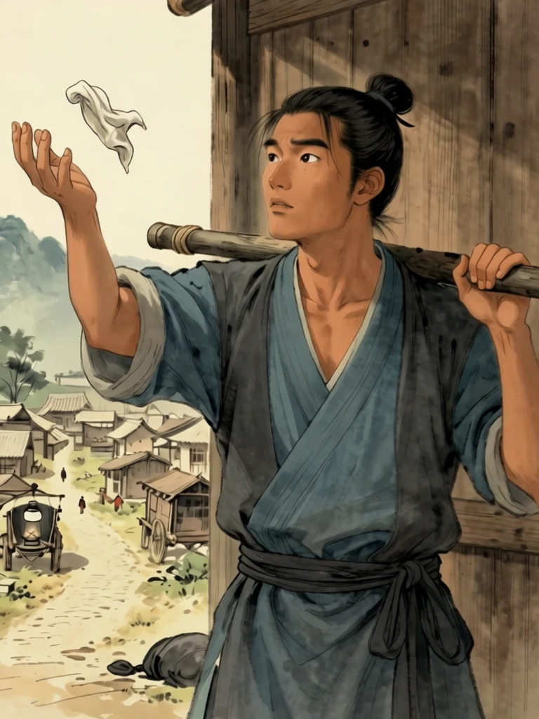 이튿날 새벽, 멜대를 어깨에 건 운담이 펼친 손에서 떨어지는 흰 기름걸레를 바라보고, 문 너머로 조용한 마을길이 보인다.