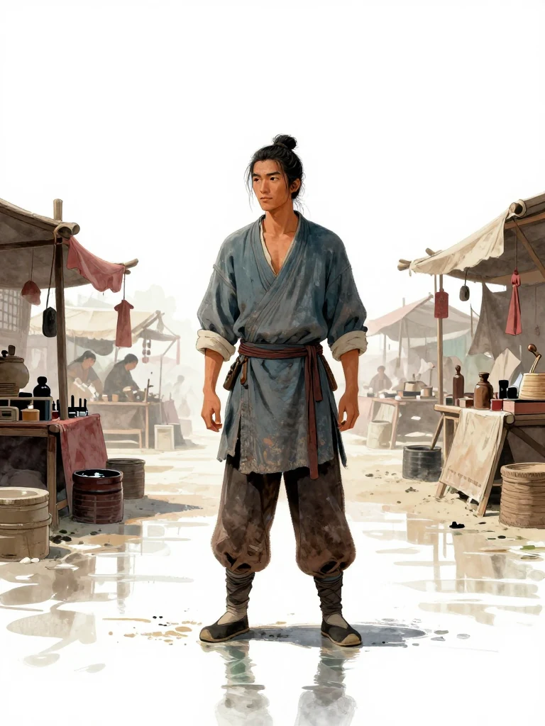 석운담 stands in the grand hall of the market, feet poised on a polished floor that reflects like glass, evoking the sensation of slipping on damp earth. The air carries the scent of ink and official seals.