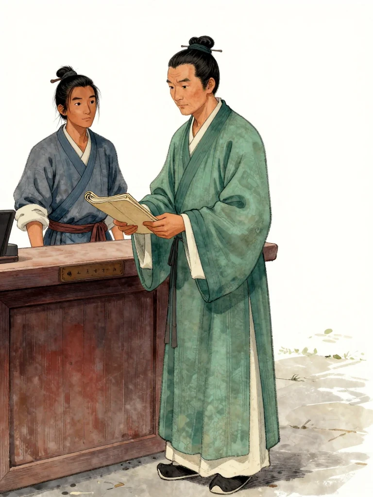 가승, a middle-aged lean man, holds a closed featureless bound object at the counter. 석운담 stands behind him, partially obscured, watching. The counter's edge bears a nameplate. The floor reflects like polished stone. Morning light illuminates the scene.