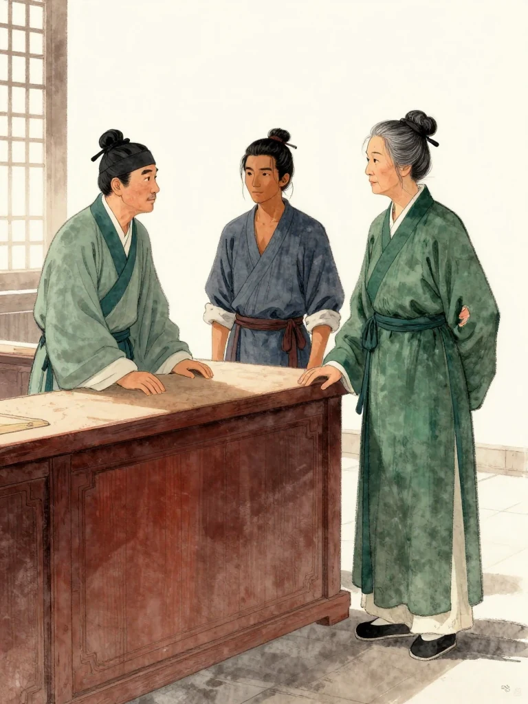 가승 stands rigidly at the counter, eyes locked on 석운담. the same person leans slightly forward, hand resting on the counter, gaze steady. 여관영 stands just behind, silent and still, eyes fixed on the counter's closed featureless bound object. Morning light slants through high windows, casting long shadows across the polished floor. The air smells faintly of ink and plain surface.