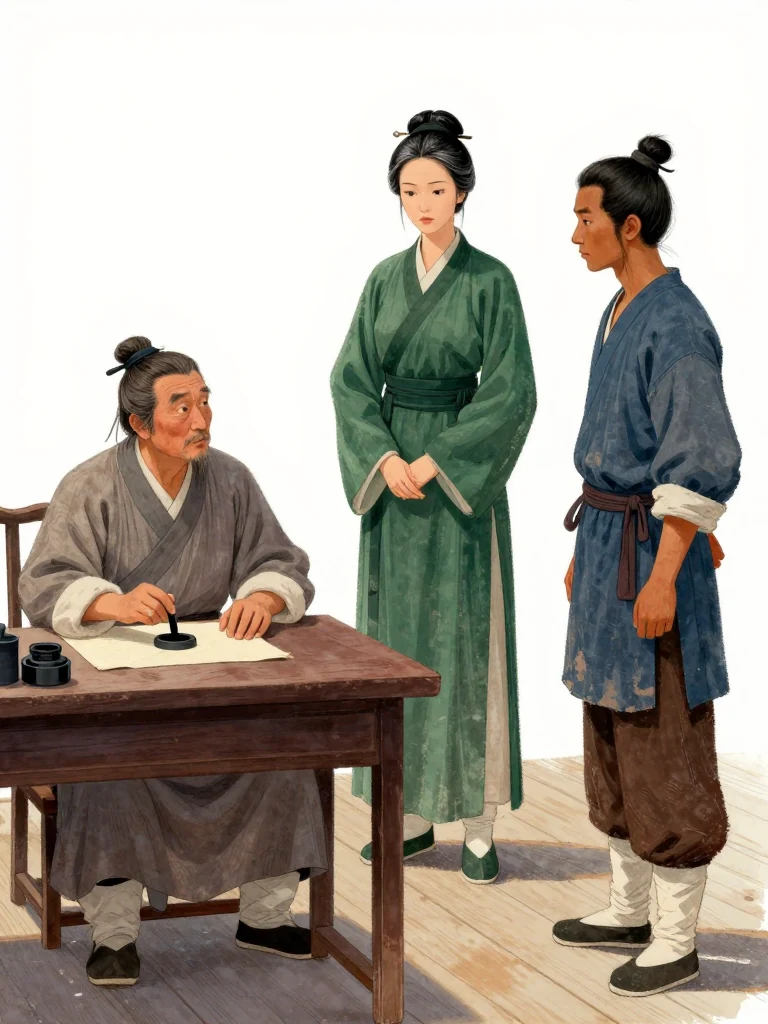 온백규 sits at a low office table wiping a seal while 여관영 faces him across the bare surface. 석운담 waits half a step behind her, hands still. Cool morning light crosses polished floorboards, closed plain sheets, an inkstone, and the restrained distance between the merchant chairman and the two petitioners. Setting: 백하성.