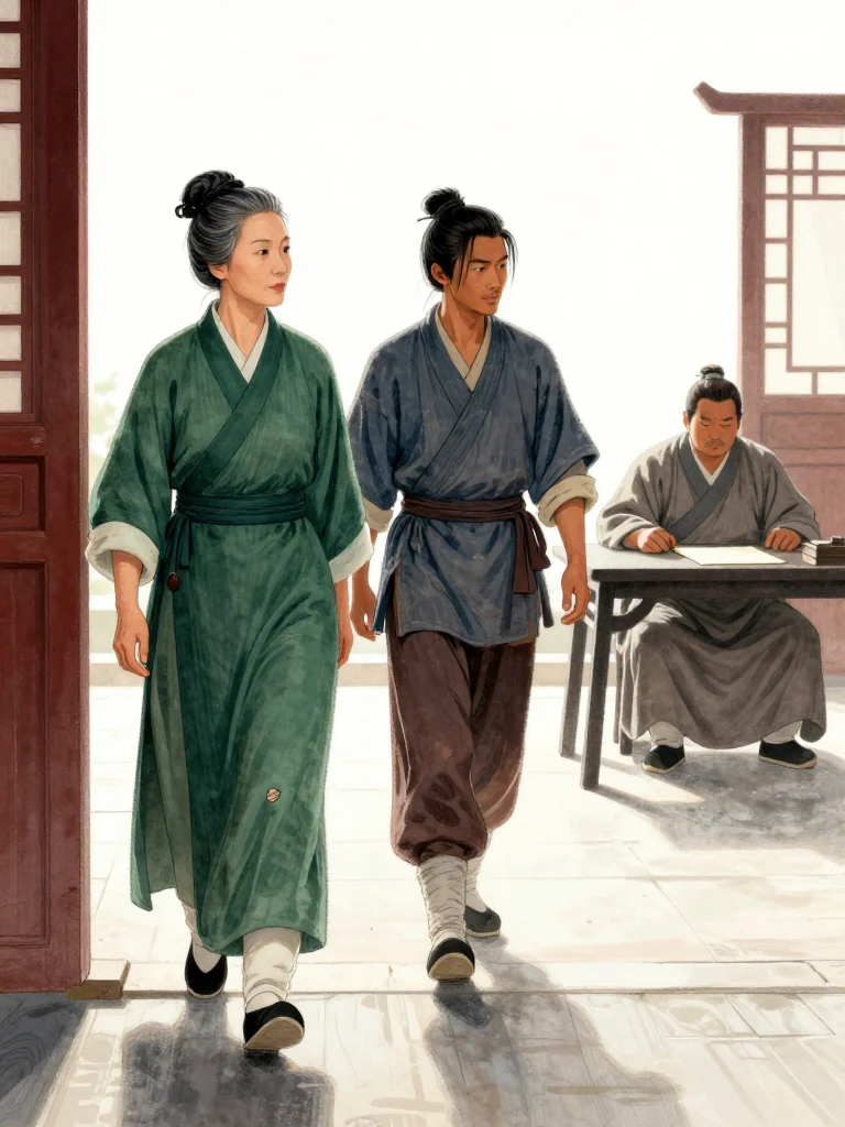 여관영 takes a slow measured step from the inner office into the polished hall. 석운담 follows half a step behind, studying her guarded gait. 온백규 remains seated at the low table in the background with one hand beside a plain sealed sheet. Morning light stretches across the open doorway and reflective floor. Setting: 백하성.
