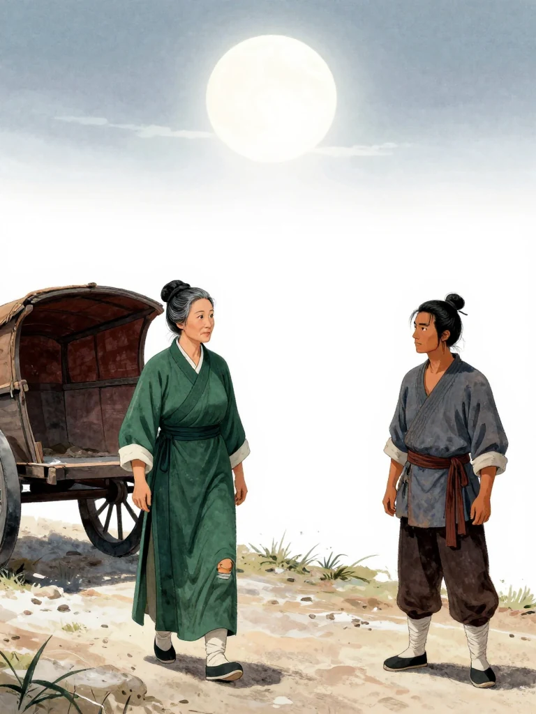 여관영 stands still, gazing at 석운담 beside a salt cart. The courtyard is empty and dark, the night deep, the air still. Only one path remains: to walk. The cart waits, silent, under the moon's glow. Setting: 거안표국 마당. Visible objects: 소금 수레.