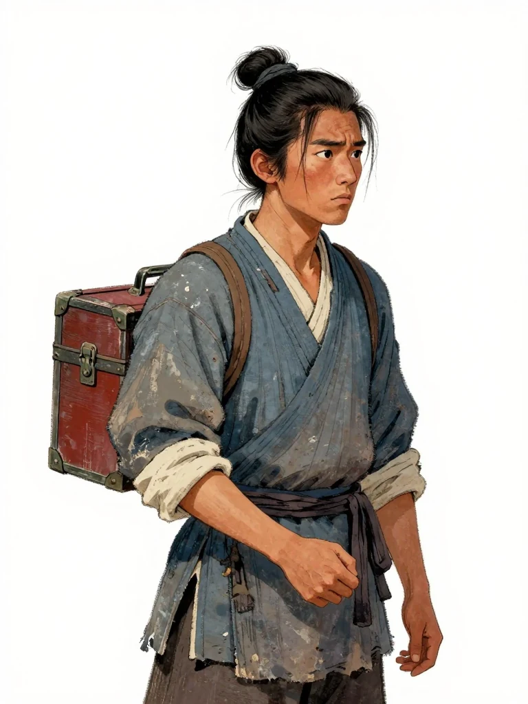 석운담 stands upright, shoulders hunched, gripping a small medicine chest against their back. Their brow is furrowed, eyes fixed ahead, as if burdened by absence rather than weight. The night air is cool, and their breath is shallow.