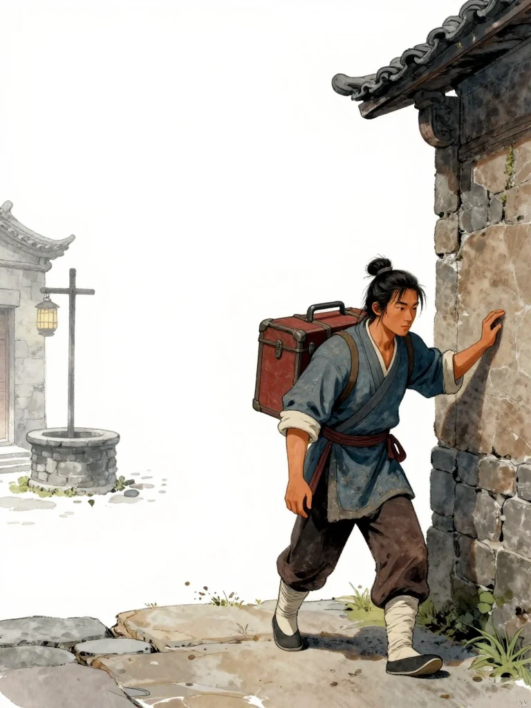 석운담 moves alone through a moonless city alley with a small medicine chest strapped high against the back. The porter shortens each step and presses one shoulder toward a stone wall as a patrol lantern passes beyond the corner. Cool night air, packed earth, three wells, and deep eaves frame the careful route. Setting: 백하성.