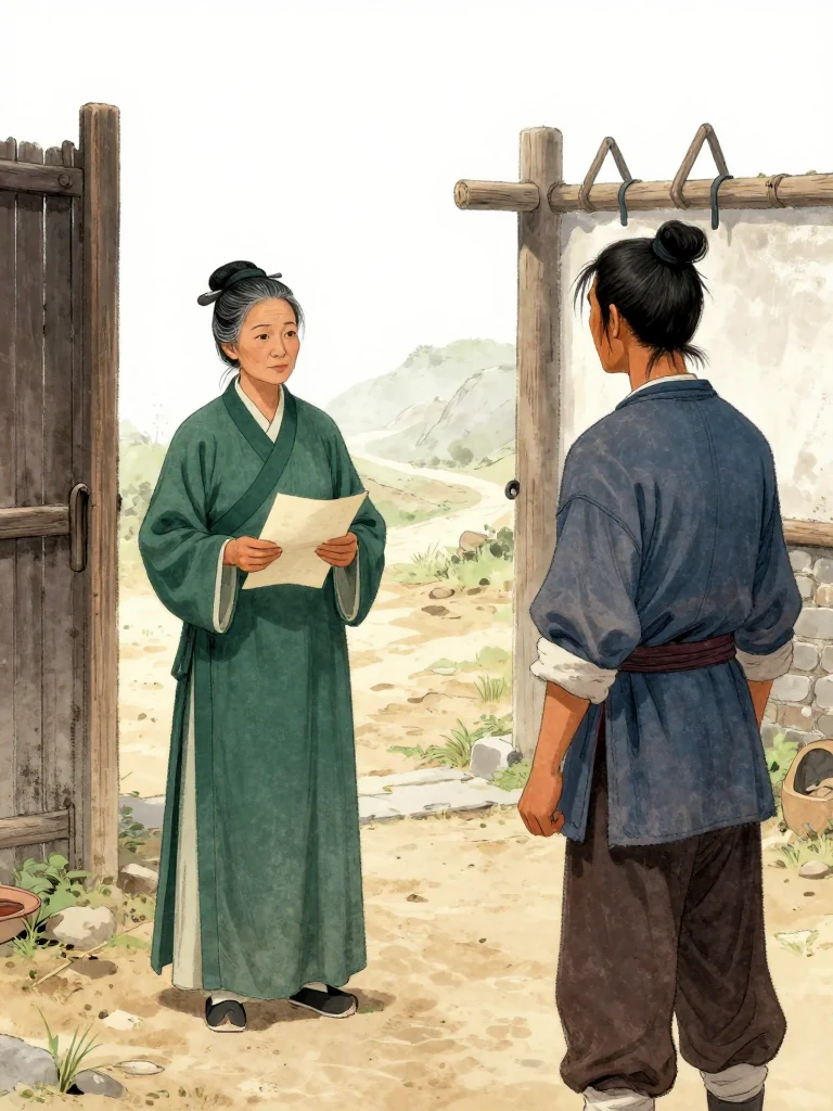여관영 stands in the morning courtyard holding a folded face-down assignment sheet at waist height. 석운담 observes the first person's hands slow above the crease. Pale light catches the stable doors, packed earth, idle hitching rail, and the quiet space between them as the newly assigned canyon route settles over the yard. Setting: 거안표국 마당.