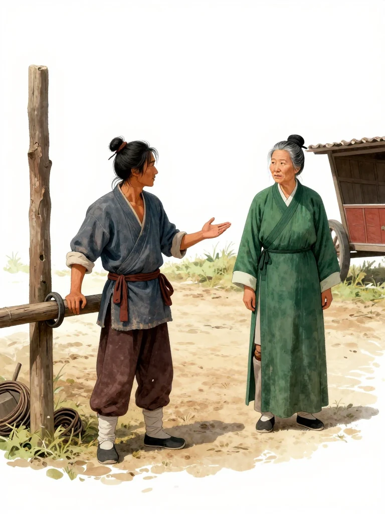 석운담 faces 여관영 beside the empty hitching rail and gestures toward the quiet stable yard. The second figure stands squarely with guarded weight, considering the transport problem. Morning light reveals worn posts, coiled tack, packed earth, and open cart space while their practical exchange fixes the need for a hired horse. Setting: 거안표국 마당.