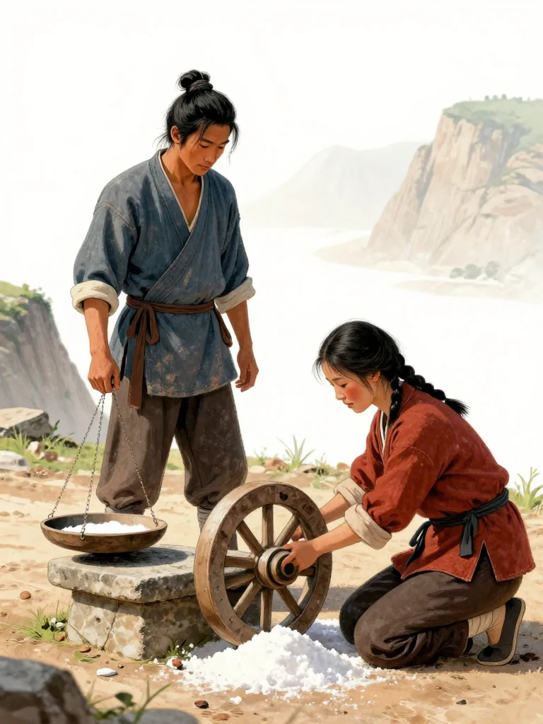 석운담 stands beside the courtyard stone scale while 유마향 kneels at the salt cart and works oil into one wooden wheel hub. A plain face-down reply rests near the first person's hand. Late afternoon light stretches across packed earth, the scale base, worn spokes, and both figures as the canyon journey takes shape. Setting: 거안표국 마당. Visible objects: 거안의 돌저울 and 소금 수레.