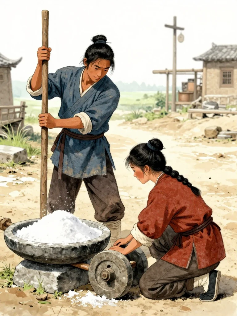 석운담 raises the worn shoulder pole upright beside the stone scale as 유마향 kneels at the salt cart and oils its wheel axle. The first figure braces the pole with both hands while the second pauses mid-stroke. Warm courtyard light crosses packed earth, polished stone, worn wood, and the quiet tension between their preparations. Setting: 거안표국 마당. Visible objects: 아버지의 멜대, 거안의 돌저울, and 소금 수레.