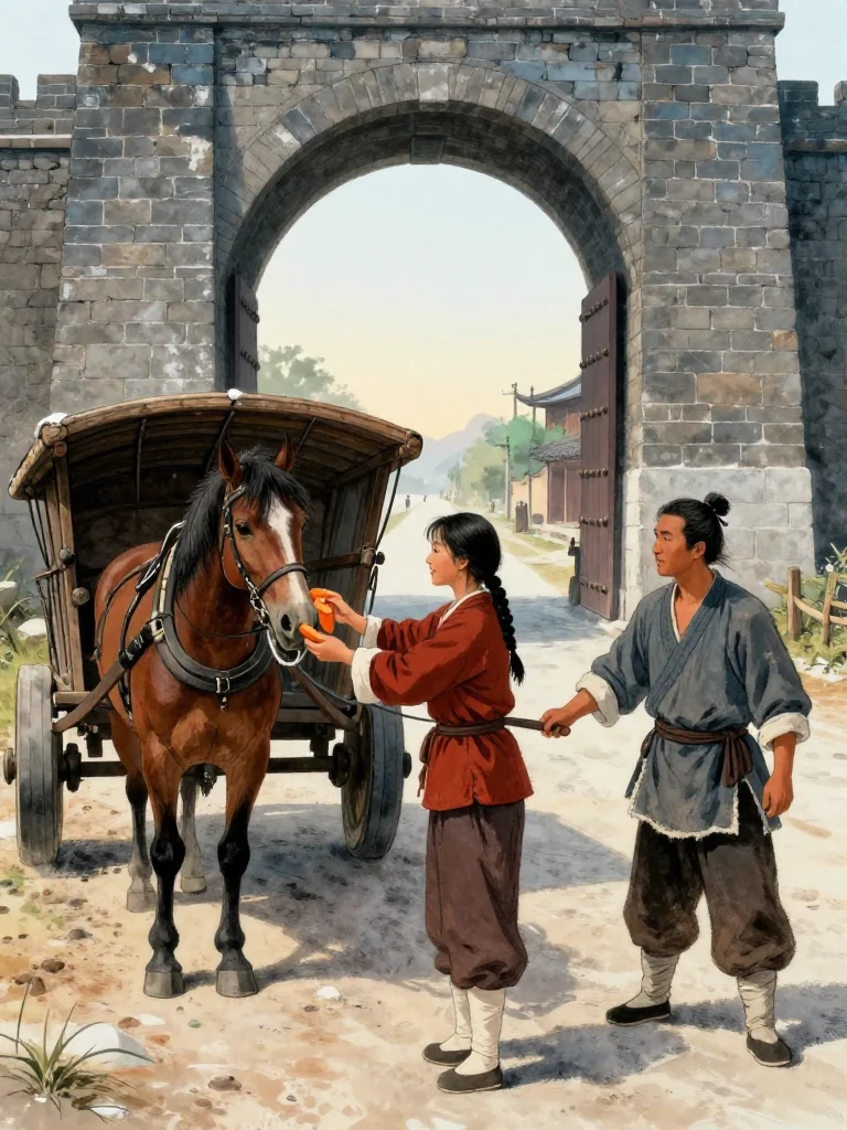 유마향 stands beside the departing salt cart at the city gate and offers carrot halves to the hired horses. 석운담 steadies the light cart from the opposite side as dawn opens beyond the stone arch. Early autumn sun warms worn wood, harness leather, road dust, and the clear path leading away from the walled city. Setting: 백하성. Visible objects: 소금 수레.