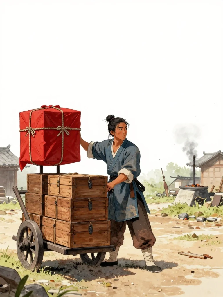 석운담 stands in the smithy yard with a red-cloth-wrapped marriage box secured high against the back. An unnamed blacksmith braces one hand on the salt cart, now loaded with eight wooden dowry chests. Bright morning light catches iron fittings, red fabric, rope lashings, and drifting forge smoke before the visit to the nearby clinic. Setting: 철평진. Visible objects: 소금 수레.
