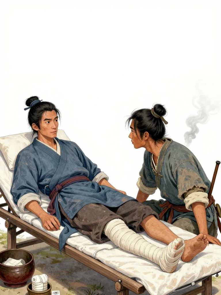 하일평 reclines on a clinic pallet with the tightly splinted right leg extended beneath soft window light. 석운담 sits beside the pallet and leans forward to hear the route advice. Medicine bowls, folded bandages, a wooden cane, and distant smithy smoke establish the recovering escort's careful warning before the return journey. Setting: 철평진.