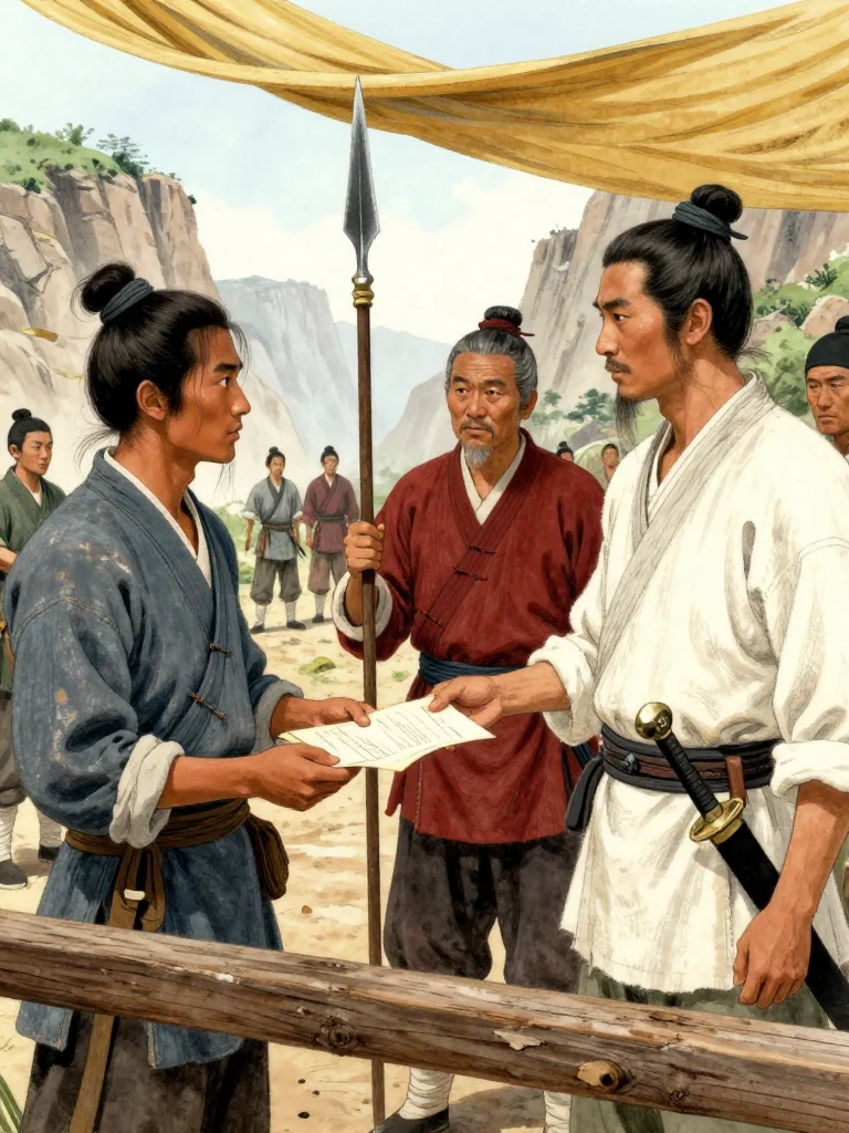 석운담 holds face-down travel sheets across the wooden barrier toward 초무경. The older commander receives them with one hand while a broad sheathed blade remains at the waist. 소백원 stands nearby beside an upright spear and a blank surcharge sheet. Wind moves plain golden fabric above the canyon checkpoint and six unnamed escorts. Setting: 회양협.