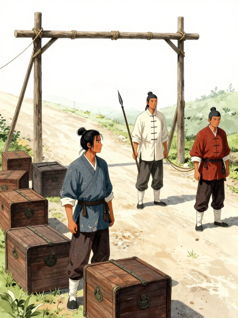 석운담 stands beside eight opened dowry chests as unnamed escorts untie the last rope beneath the checkpoint palisade. 소백원 observes the search with spear lowered, and 초무경 remains near the barrier with one hand at the belt. Long afternoon shadows cross wooden lids, iron fittings, bundled household tools, and the waiting road. Setting: 회양협.