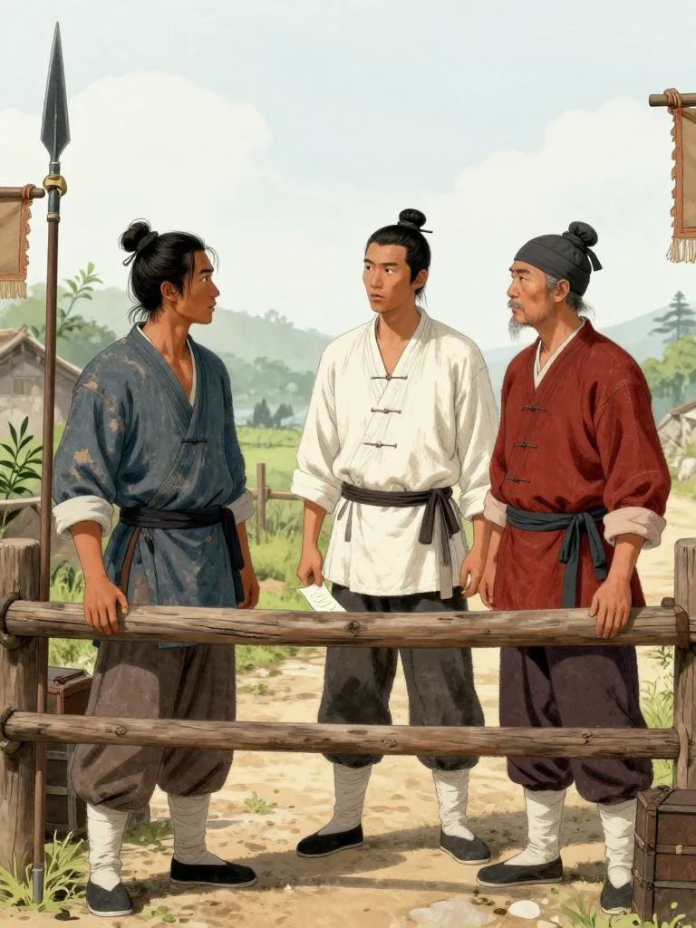 석운담 faces 소백원 beside the open checkpoint while the younger spearman studies the porter's shoulders with startled attention. 초무경 stands close by holding a face-down travel sheet at the belt. Late sunlight edges the wooden barrier, upright spear, eight retied chests, and the quiet recognition passing between the three figures. Setting: 회양협.