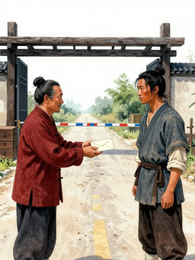 초무경 extends a thick plain closed envelope across the opened checkpoint toward 석운담. The porter accepts it with both hands while the older commander keeps a measured stance beside the barrier. Late sunlight stretches across the raised gate, retied dowry chests, worn road, and the formal distance between giver and receiver. Setting: 회양협.