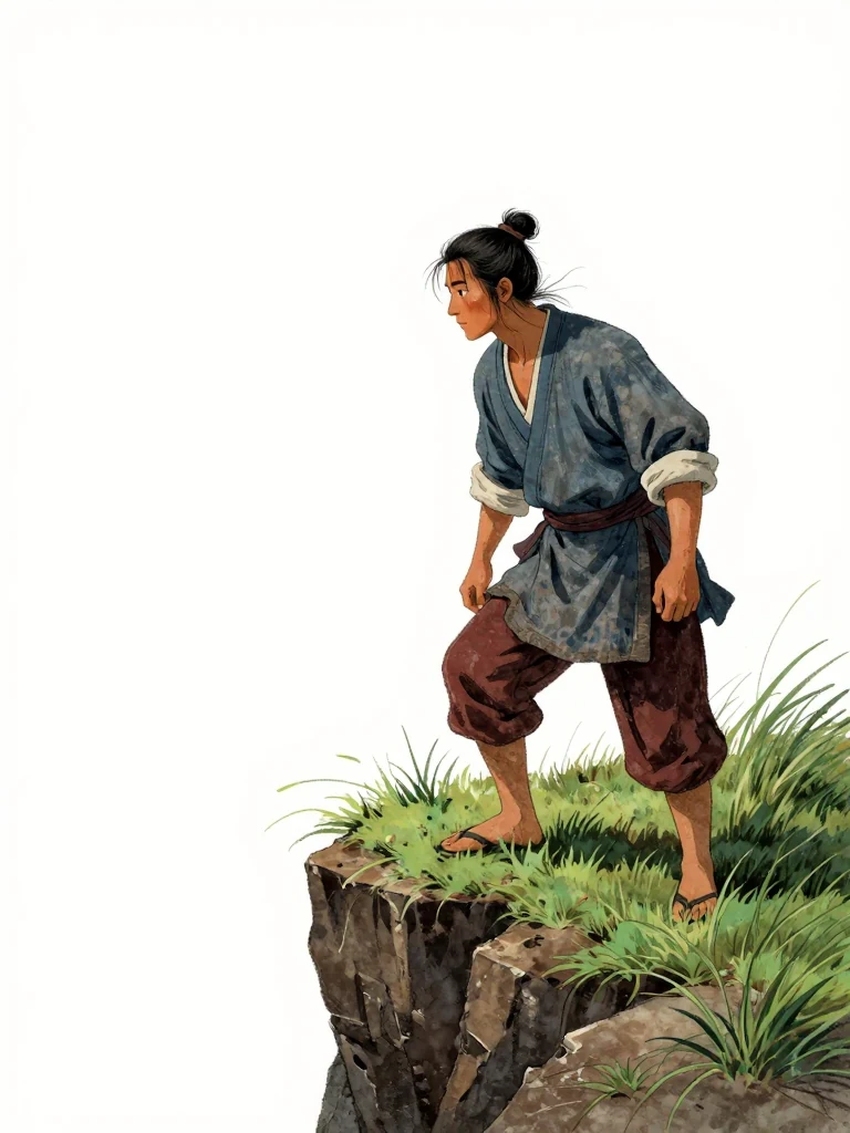 석운담 stands at the edge of a narrow cliff, gazing down at a patch of thick green grass covering dark soil. The wind blows upward, rustling grass blades. His knees bend slightly, body still, eyes fixed on the earth below. The cliff's edge is sharp, the air quiet and still.