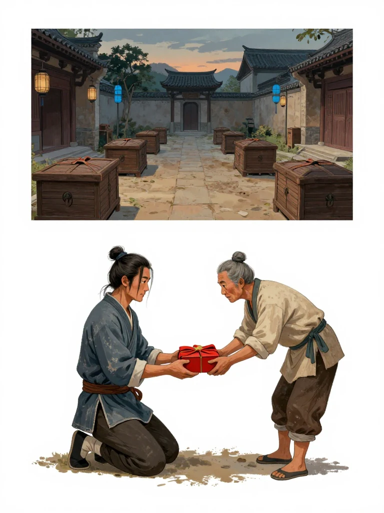 석운담 kneels below the household hall and presents a red-cloth-wrapped marriage box in both hands to an unnamed elder. The elder bends forward to receive it with equal care. Dusk settles over the walled city courtyard, blue lantern frames, eight wooden dowry chests, and the packed earth crossed moments earlier by the respectful delivery. Setting: 백하성.