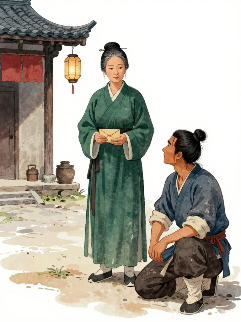 여관영 stands still in the courtyard, holding a folded envelope, eyes fixed forward. 석운담 kneels beside them, hands folded, gazing at the ground. The air is still, lit by lanterns, and the weight of silence hangs heavy over the space.