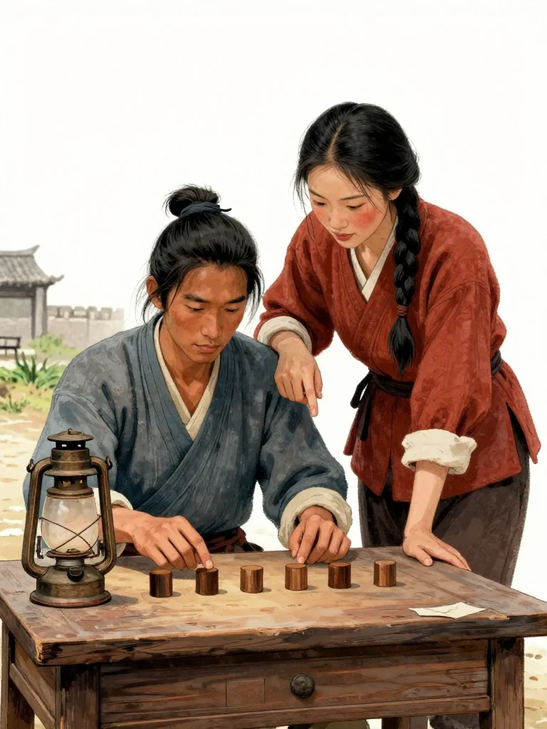 석운담 sits at a low table beneath one oil lamp, placing six unmarked wooden counters in a straight line from memory. 유마향 leans over the same person's shoulder and points to two counters with one finger. Warm light crosses bare wood, the closed envelope drawer, and their concentrated hands while the courtyard beyond remains quiet. Setting: 거안표국 마당.