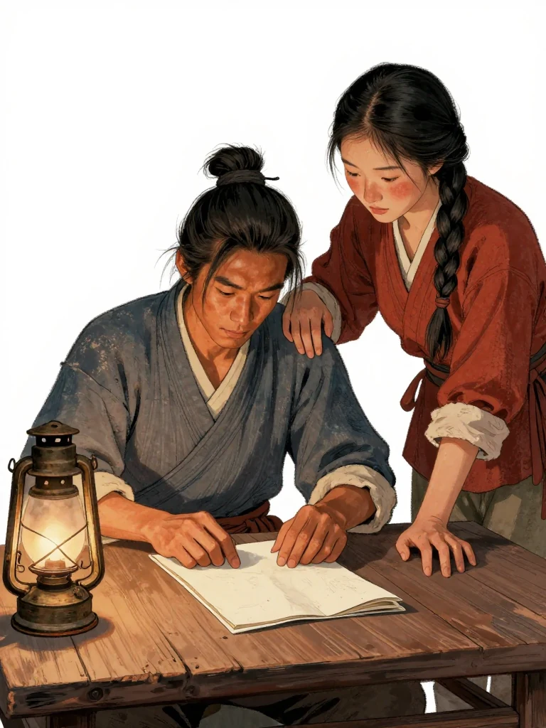 석운담 sits at a low table, folding a plain surface closed featureless bound object into a neat packet. 유마향 leans over their shoulder, fingers tapping two spots on the plain surface. Both are lit by a single oil lamp, casting warm shadows on the rough wooden surface. The air is still, quiet, and heavy with unspoken tension.