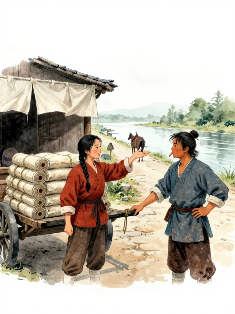 유마향 stands beside a cart loaded with thirty bundled silk rolls outside the merchant warehouse and gestures toward an unnamed clerk. 석운담 tightens the last rope at the rear rail while listening. Morning river wind moves plain warehouse cloth, loose sleeves, and horse tack across the stone yard before the narrow road departure. Setting: 백하성.