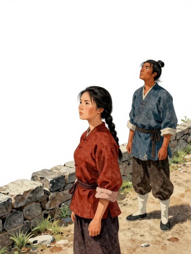 유마향 stands facing uphill, expression serious, eyes fixed on the ridge. 석운담 gazes upward at the cliffside, posture still, hands at sides. Behind them, a stone barricade blocks the path. The composition keeps every visible silhouette spatially distinct and clearly legible.