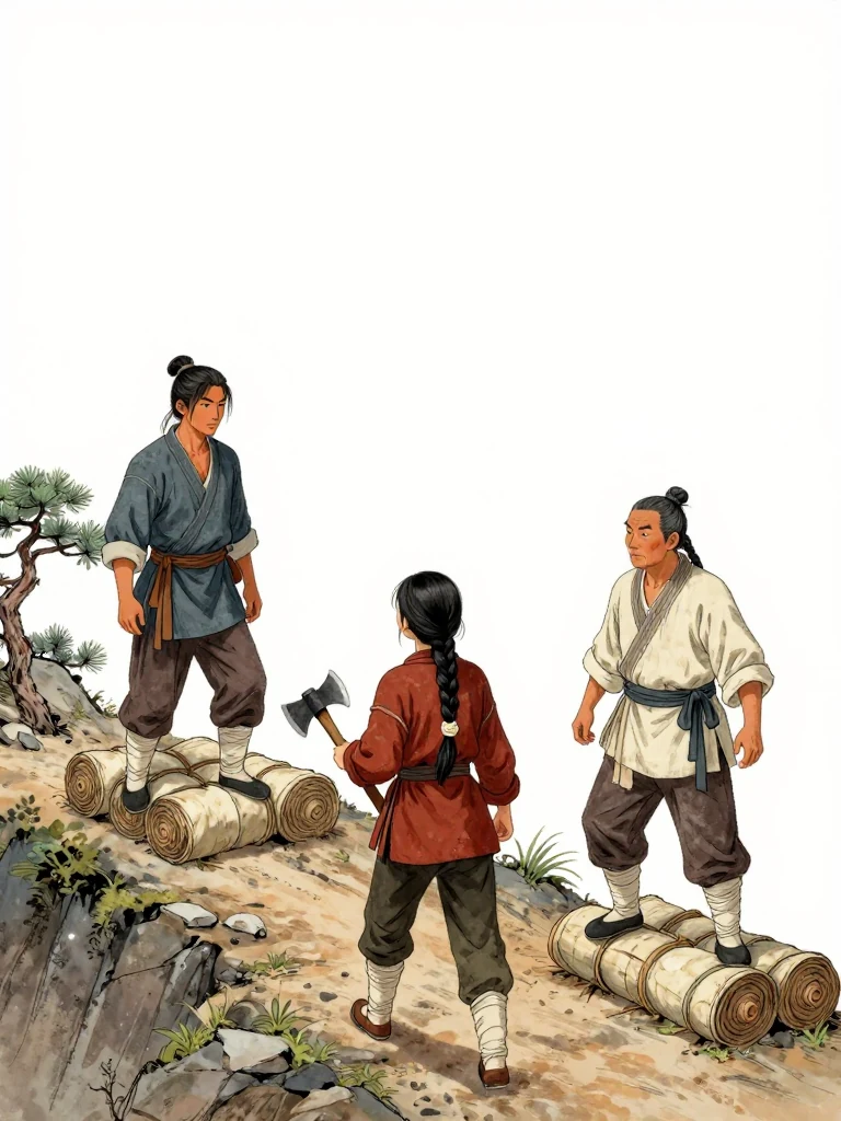 석운담 stands beneath twenty silk rolls on the mountain ridge while 유마향 balances ten rolls at the same narrow path. 갈현 faces them from the center of a loose semicircle, one lowered axe handle held across the body. Fading light catches bundled silk, pine trunks, bare stone, and the measured distance between both sides.