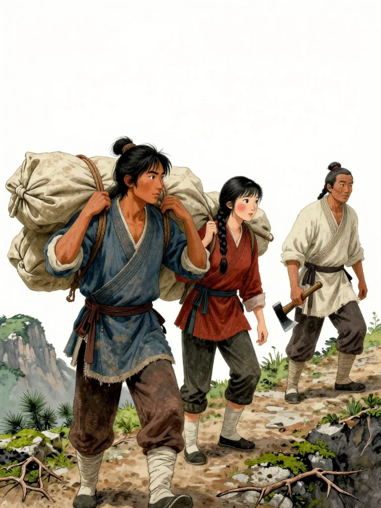 석운담 adjusts the silk burden across both shoulders while 유마향 stands beside the same person under a smaller bundle. 갈현 studies the movement from across the ridge, holding a lowered axe handle near one boot. Overcast light settles on mossy stone, pine roots, and the narrow path between the loaded travelers and mountain company.