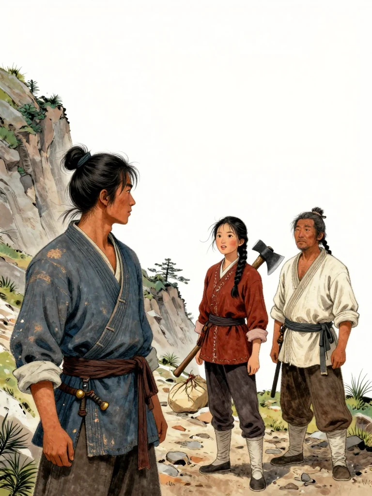 석운담 faces the mountain leader across the pass while 유마향 pauses alongside beneath a silk bundle. 갈현 declares his identity with a lowered axe handle resting against one shoulder. Twilight wind moves pine needles and loose fabric over the stony ridge, holding the wary introduction before the old horseshoe changes hands.