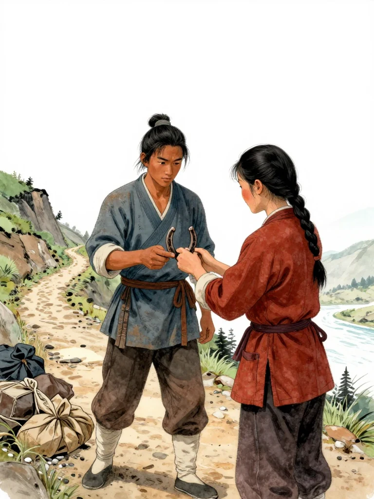 석운담 stands beside 유마향 on the descending mountain trail as the second figure turns an old horseshoe in both hands. One thumb presses the shallow stable brand inside the curve while the first figure studies it. Fading light catches worn iron, silk bundles, loose gravel, and the open path leading toward the river.