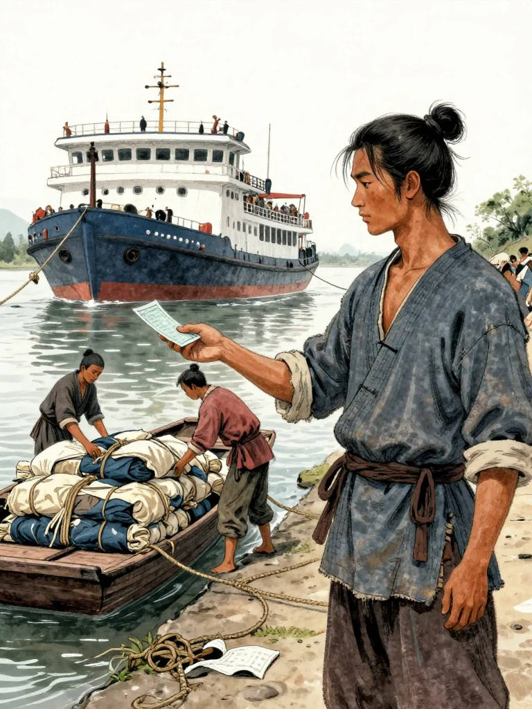 석운담 holds a face-down permit toward an unnamed ferry manager at the crowded river landing while porters transfer bundled silk into a low skiff. Ropes descend from the departing grain ship beyond them. Late water light flashes across wet gunwales, taut lines, stacked cargo, and the narrow strip of bank beneath the urgent loading.