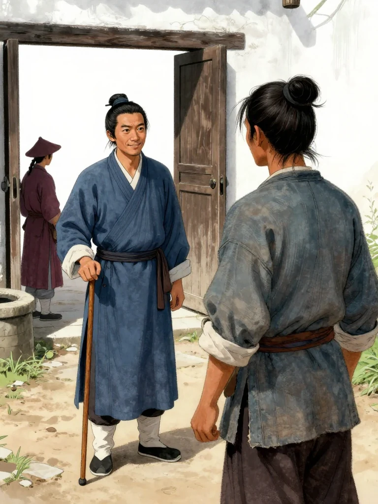 하일평 stands just inside the courtyard, weight supported by a plain wooden walking cane, smiling toward 석운담. The porter faces him with sudden alertness while an unnamed hat-wearing clerk turns away at the alley mouth. Evening light crosses packed earth, the open gate, and the quiet well behind them. Setting: 거안표국 마당.