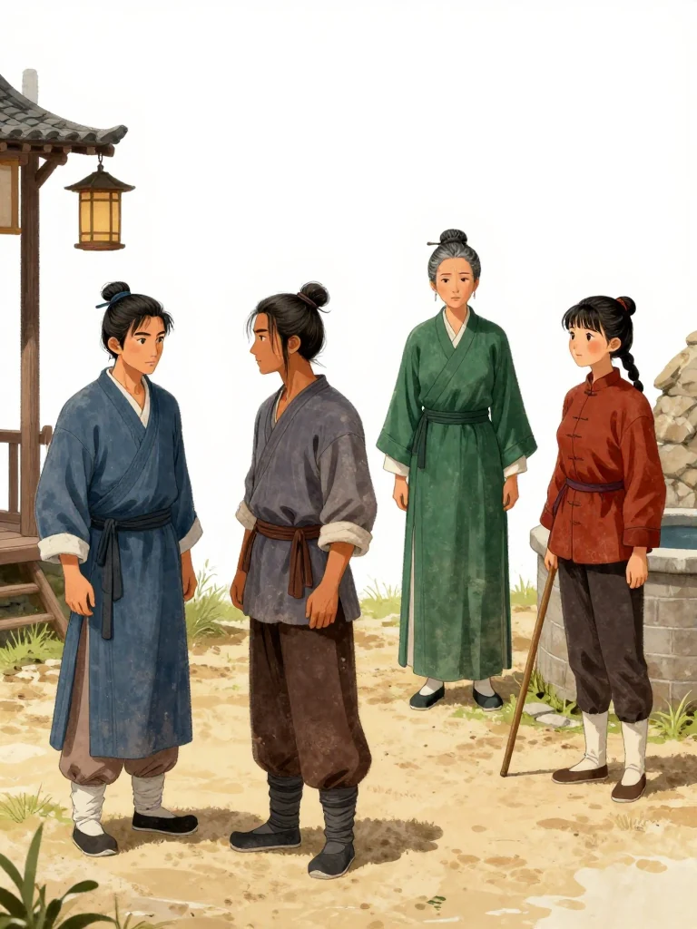 하일평 stands beneath the courtyard lantern with shoulders lowered after the confession. 석운담 faces the first person at arm's length, hands open and still. 여관영 steps from the veranda with formal composure while 유마향 remains rigid beside the well. Warm light crosses packed earth, cane, stable wall, and four separated silhouettes. Setting: 거안표국 마당.