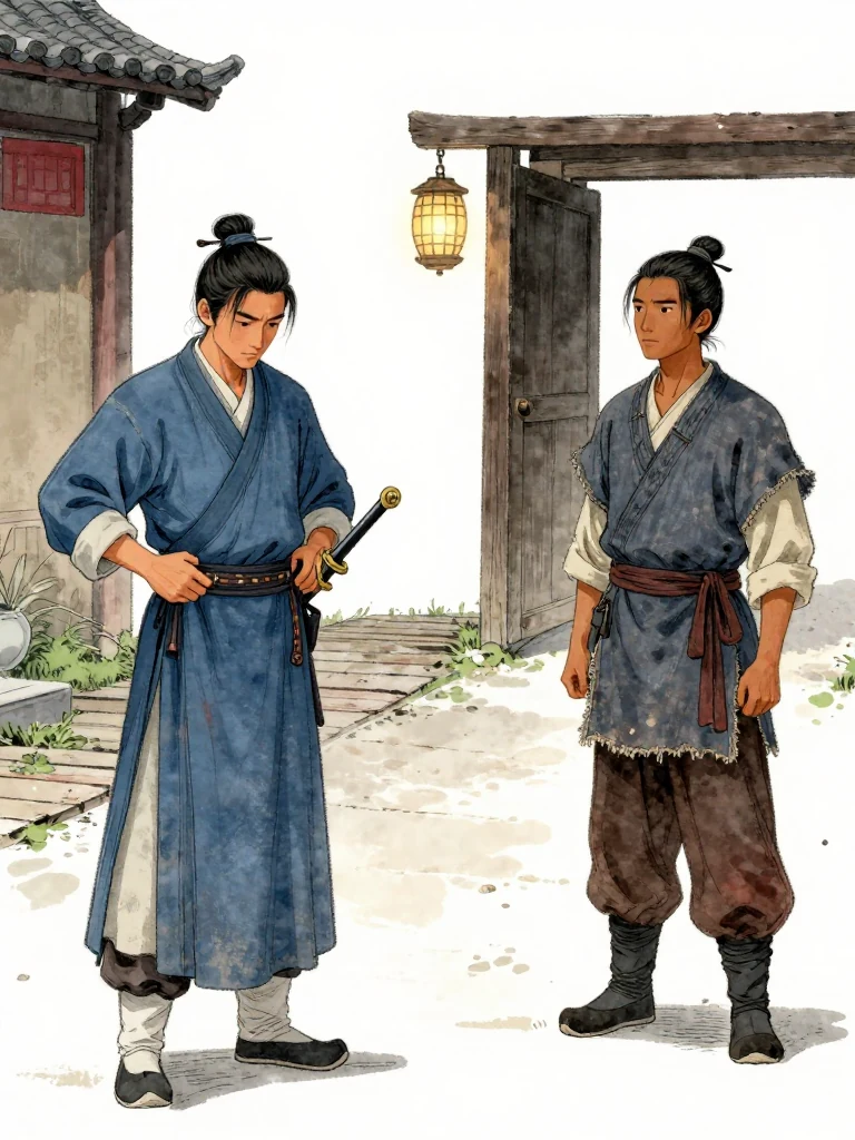 하일평 lowers the gaze and lifts the still-sheathed sword belt away from the waist with both hands. 석운담 stands opposite, following the careful motion in silence. Evening lantern light crosses the scabbard, worn courtyard boards, open gate, and the measured space between them as the escort relinquishes rank before leaving. Setting: 거안표국 마당.