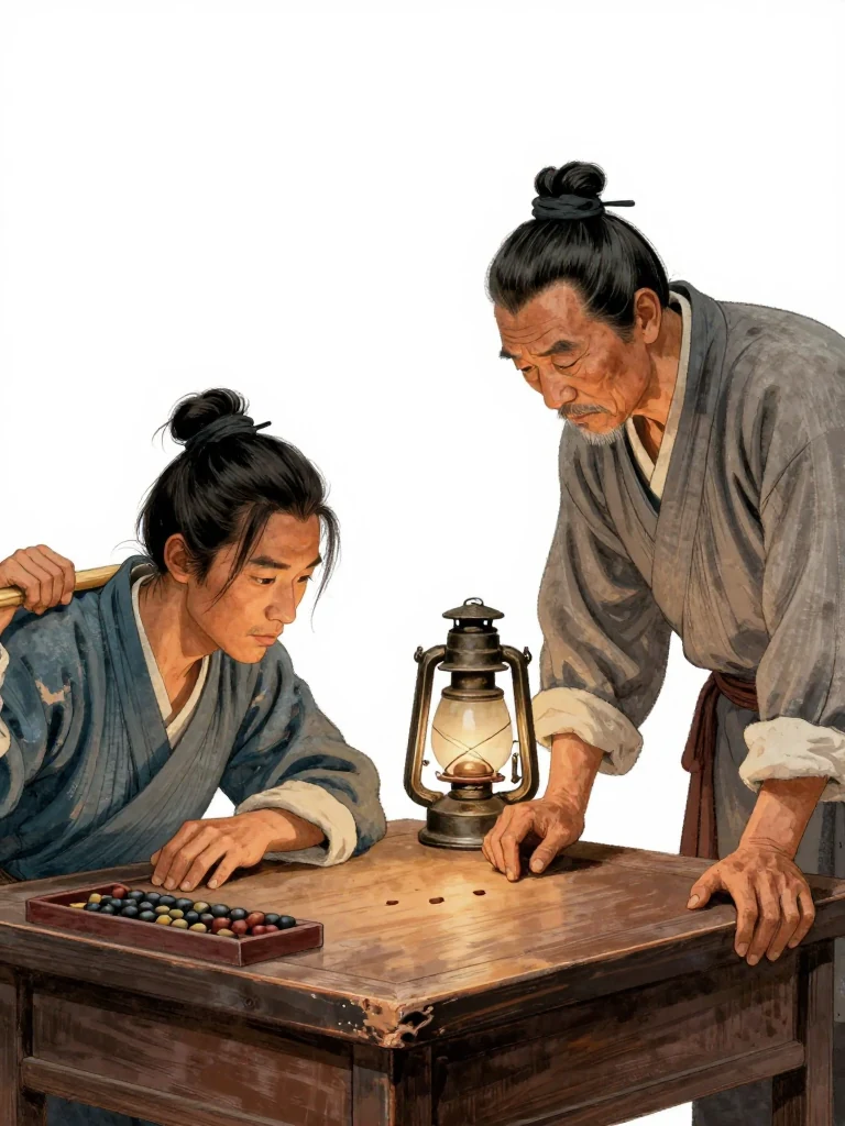 석운담 lays the worn shoulder pole across the pawn counter while 주노정 bends close beneath one oil lamp. The older accountant's trembling fingers trace three shallow notches along the wood as the first figure waits. Warm light catches the pole grain, abacus beads, rough counter edge, and the sudden recognition between them. Setting: 백하성. Visible objects: 아버지의 멜대.