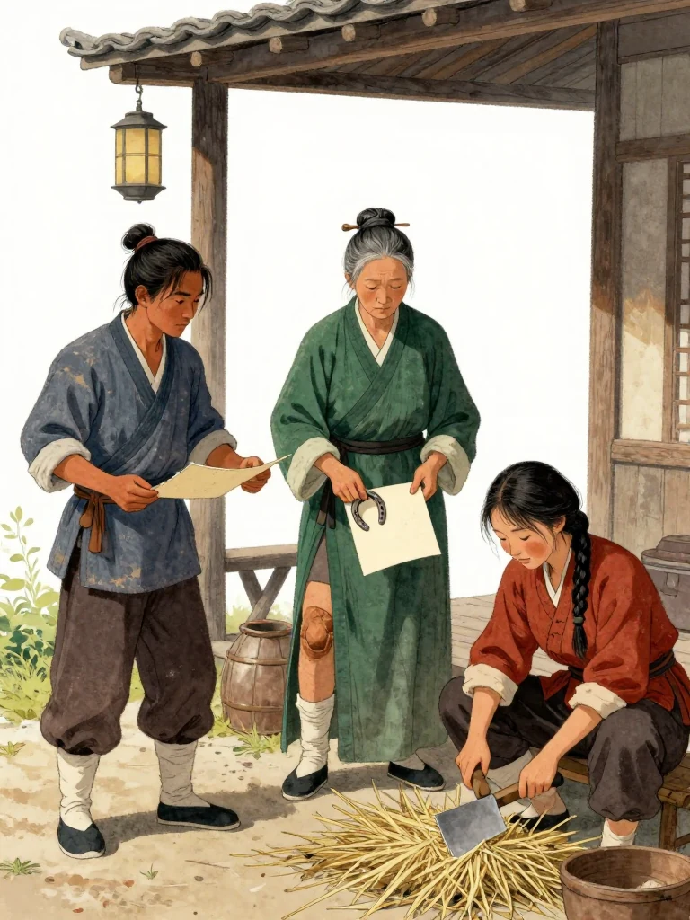 석운담 stands beneath the courtyard lantern and relays the pawnshop discovery. 여관영 sits on the veranda, aligning an old horseshoe beside a face-down blank sheet. 유마향 slices fodder nearby, then pauses with the blade lowered. Warm light crosses plain metal, cut straw, wooden eaves, and the attentive triangle formed by the three figures. Setting: 거안표국 마당.
