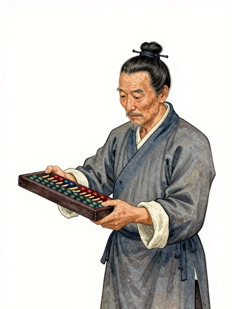 주노정, an elderly man, lifts a single abacus bead with deliberate motion. His posture is still, eyes focused downward, hands steady. The gesture is quiet, precise, and carries weight. The composition keeps every visible silhouette spatially distinct and clearly legible.
