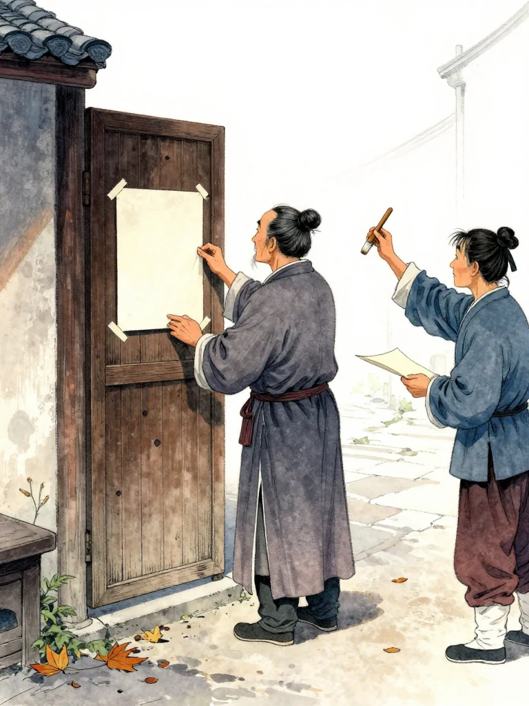 주노정 stands at the pawnshop doorway, studying a blank sealed sheet pasted to the wood. An unnamed clerk beside him lifts one shoulder while another holds a paste brush. Pale morning light crosses the worn threshold, a second blank sheet, and scattered autumn leaves in the narrow city lane. Setting: 백하성.