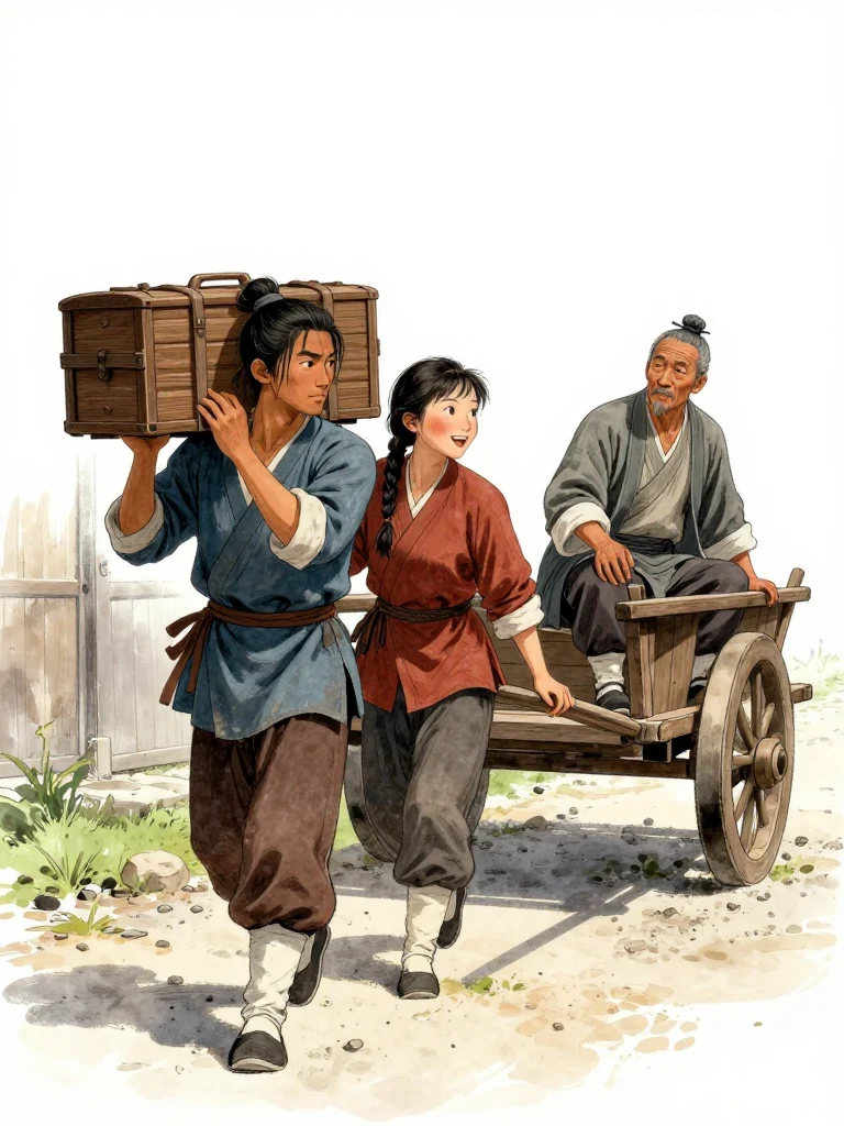 석운담 carries the compact wooden chest against his back as 유마향 guides a plain wooden cart from the pawnshop lane. 주노정 sits upright on the cart with one hand braced on its rail and a small surprised smile. Fading sunlight catches gravel, worn wheels, and the closed shop door behind them. Setting: 백하성. Visible objects: 주노정의 장부 궤.