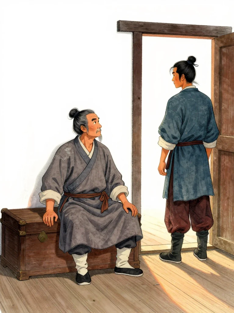 주노정 sits in the inn back room with one palm resting on the wooden chest beside him. 석운담 pauses at the open doorway and turns back toward him before leaving. Low sunset light crosses the plank floor, the chest corners, and their separated silhouettes, holding the guarded farewell in stillness. Visible objects: 주노정의 장부 궤.