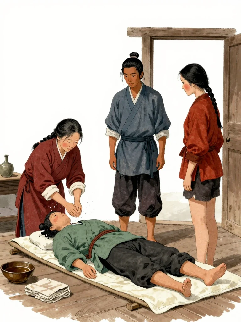 범매고 washes his hands at a shallow basin after the examination. 석운담 lies flat on a treatment mat with his left leg extended, shoulders heavy and gaze lowered. 유마향 stands at the doorway observing both of them. Dim clinic light settles across the wooden floor, folded cloths, oil bowls, and the quiet space between them. Setting: 백하성.