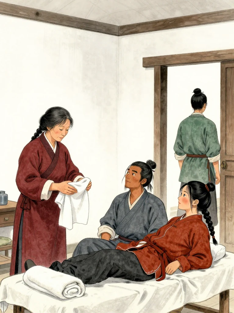 범매고 pauses with both hands over a folded towel, then resumes drying them. 석운담 reclines on the treatment mat and studies the healer's hesitation. 유마향 remains motionless at the doorway. Soft clinic light rests on the low ceiling, the clean cloth, and their tense triangular spacing. Setting: 백하성.