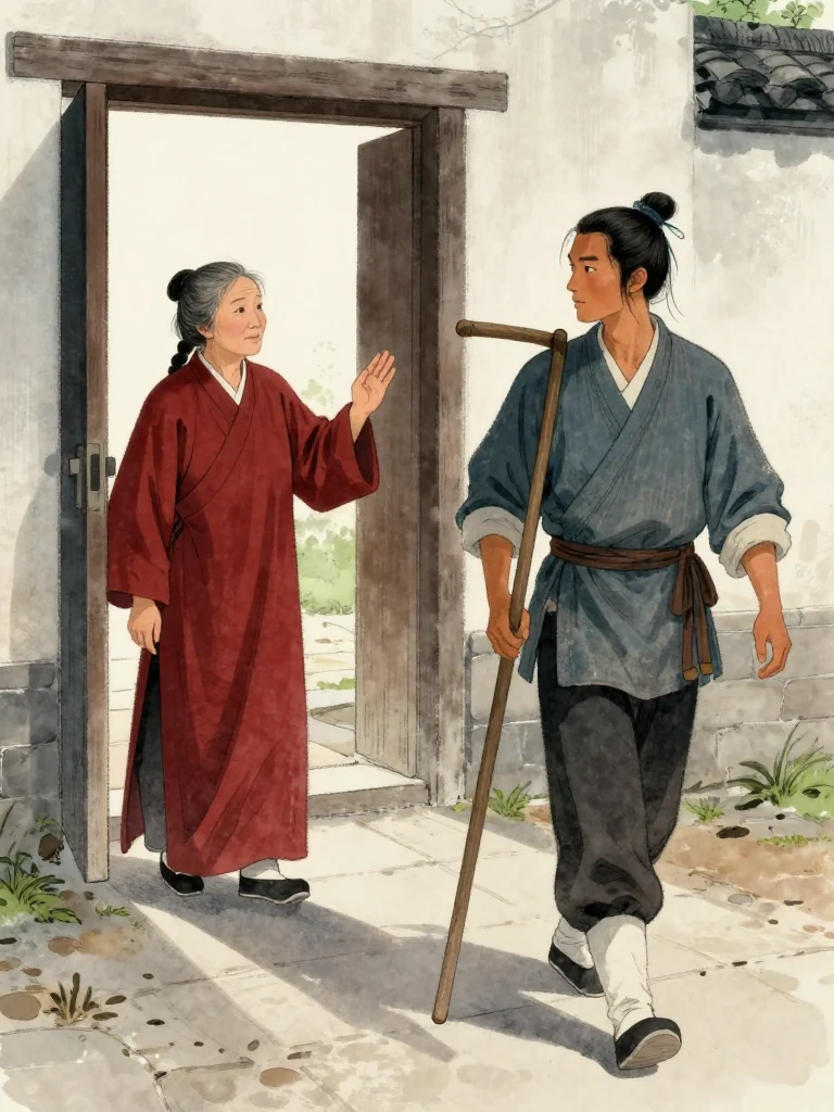 범매고 stands in the clinic doorway, turning his head and lifting one hand toward 석운담. The porter walks into the late afternoon lane with the worn shoulder pole held close at his side. Long shadows stretch across stone paving, the open threshold, and the quiet space separating healer and porter. Setting: 백하성. Visible objects: 아버지의 멜대.