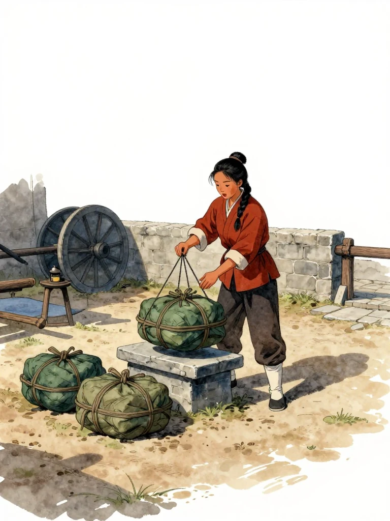 유마향 stands beside the courtyard stone scale, lowering one modest bundled load onto its worn platform and checking the balance with deliberate care. Three separated bundles wait on packed earth under a low lantern. The stable wall, empty cart shafts, and long evening shadows frame a quiet routine shaped by strict weight limits. Setting: 거안표국 마당. Visible objects: 거안의 돌저울.