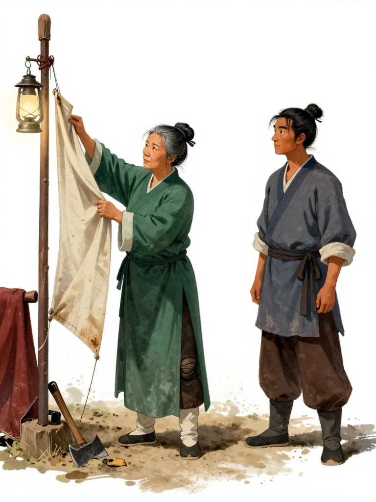 여관영 slowly draws oilcloth away from two joined sections of the old flagstaff while 석운담 observes from across the dim storehouse. Axe scars and the visible repair seam catch the lantern light, and a fold of charred plain fabric rests beside the wood. Dust hangs above the packed floor. Setting: 거안표국 마당. Visible objects: 꺾인 원행 표기.